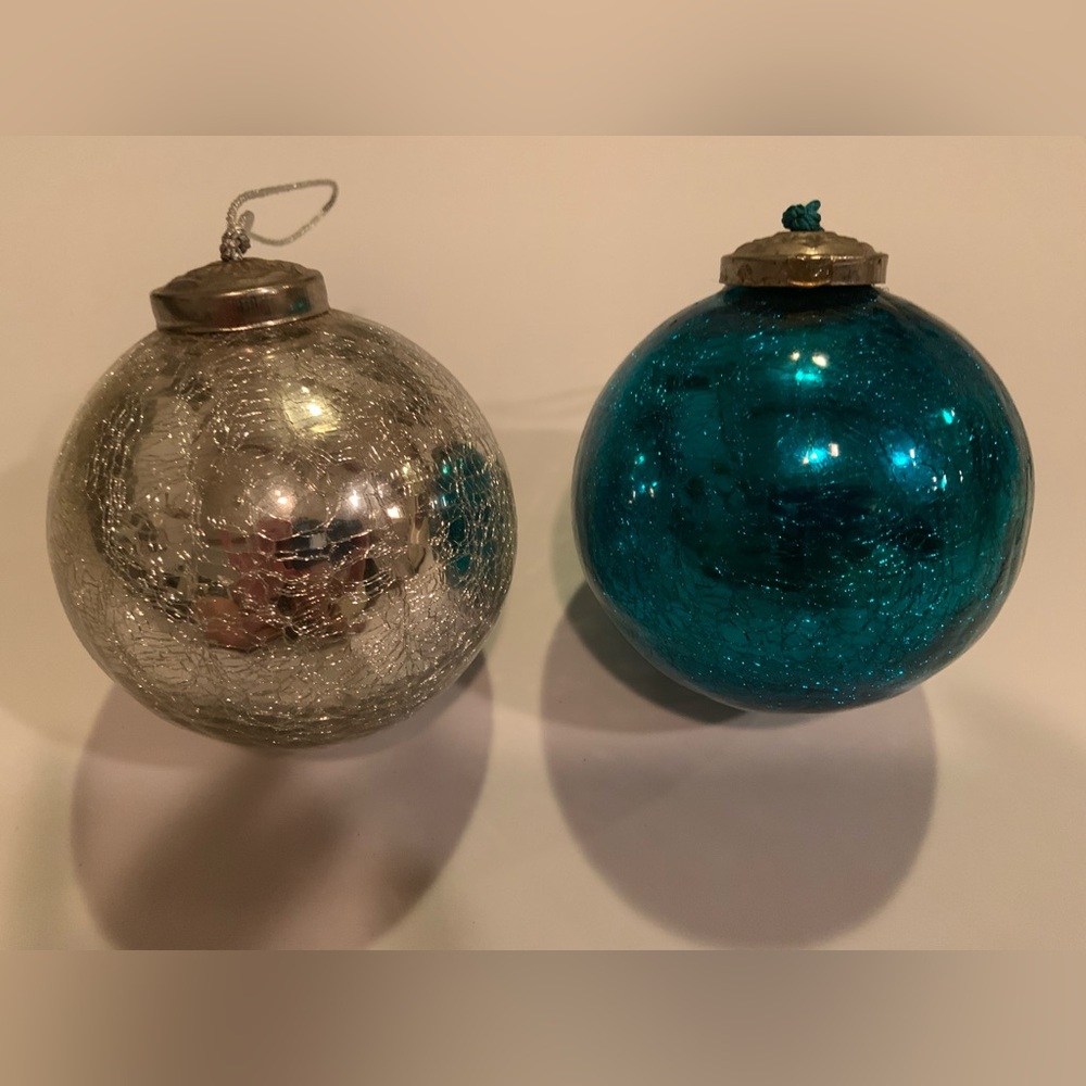 Vintage Crackle Glass Mirrored Glass 1- Silver & 1- Blue Christmas Ornaments